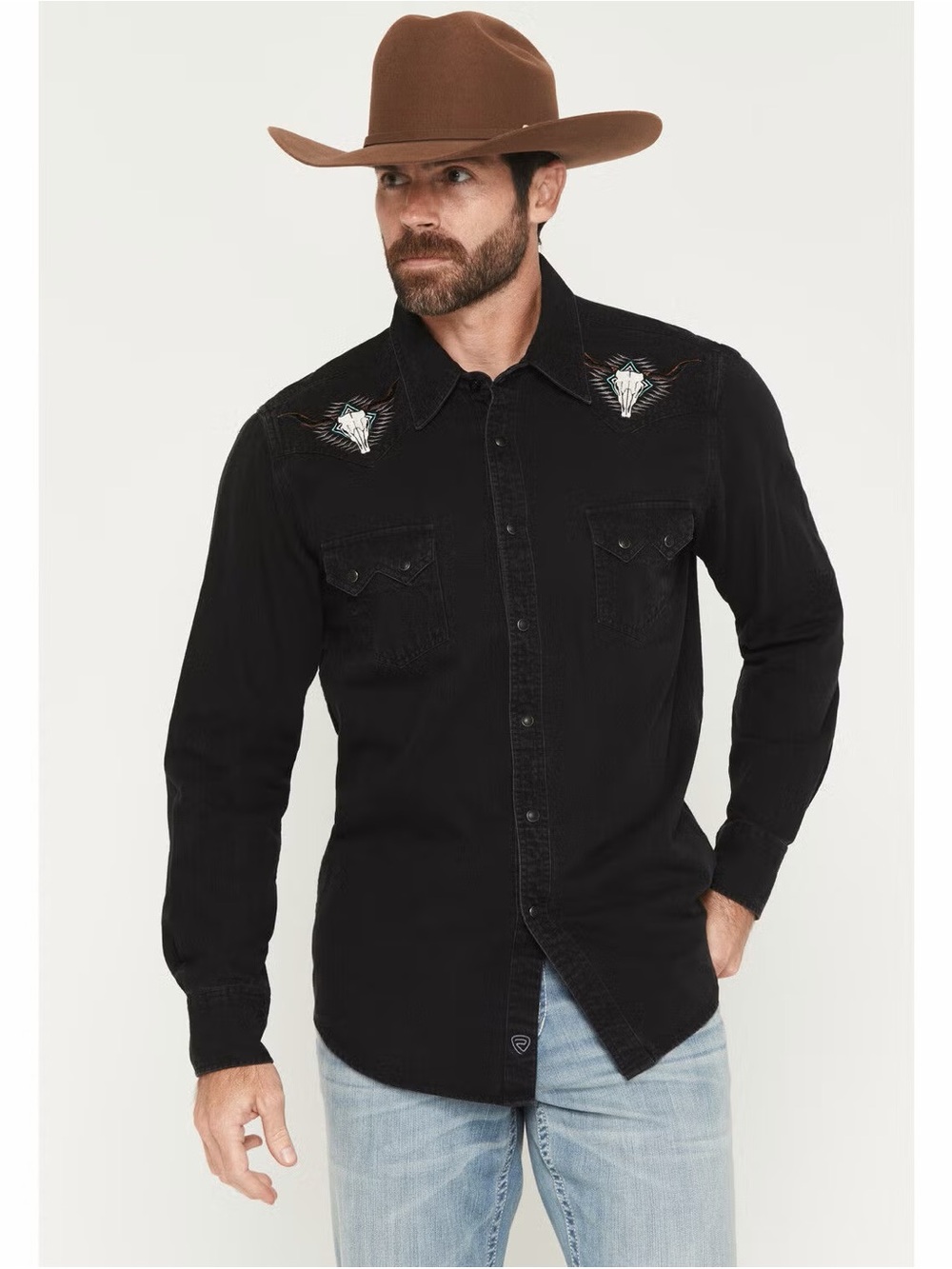 Men's Black Western Embroidered Button-Down Shirt
